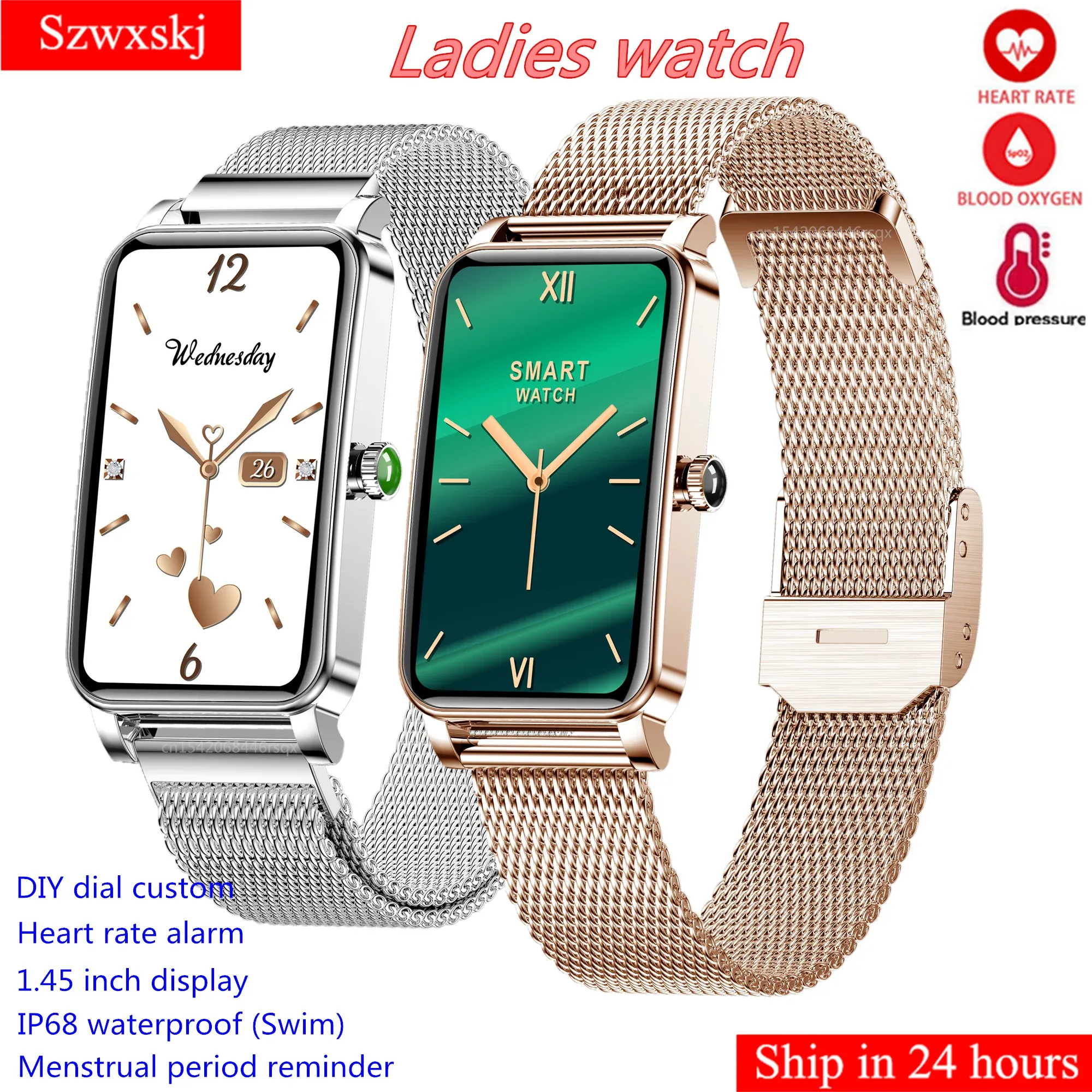 Watches ZX19 ladies girl smart watch IP68 waterproof heart rate blood pressure menstrual 1.45" screen Android IOS custom dial Wristband