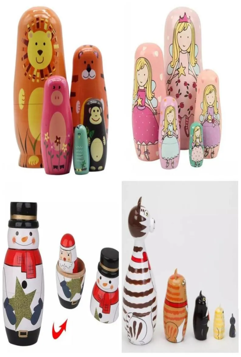 5pcsset Ручной рисование ремесло снеговик Санта -Клаус деревянная краска животных гнездовать кукла Матришка Российская игрушка Украшение дома хрис8349633