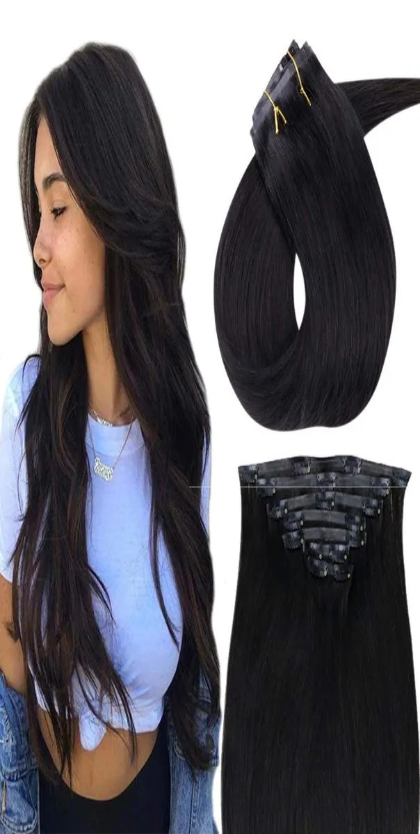 Extensões de cabelo sem costura clipe em cabelos humanos 1b cor preta natural clipe invisível em extensões de cabeça completa 120g8pcs9171858