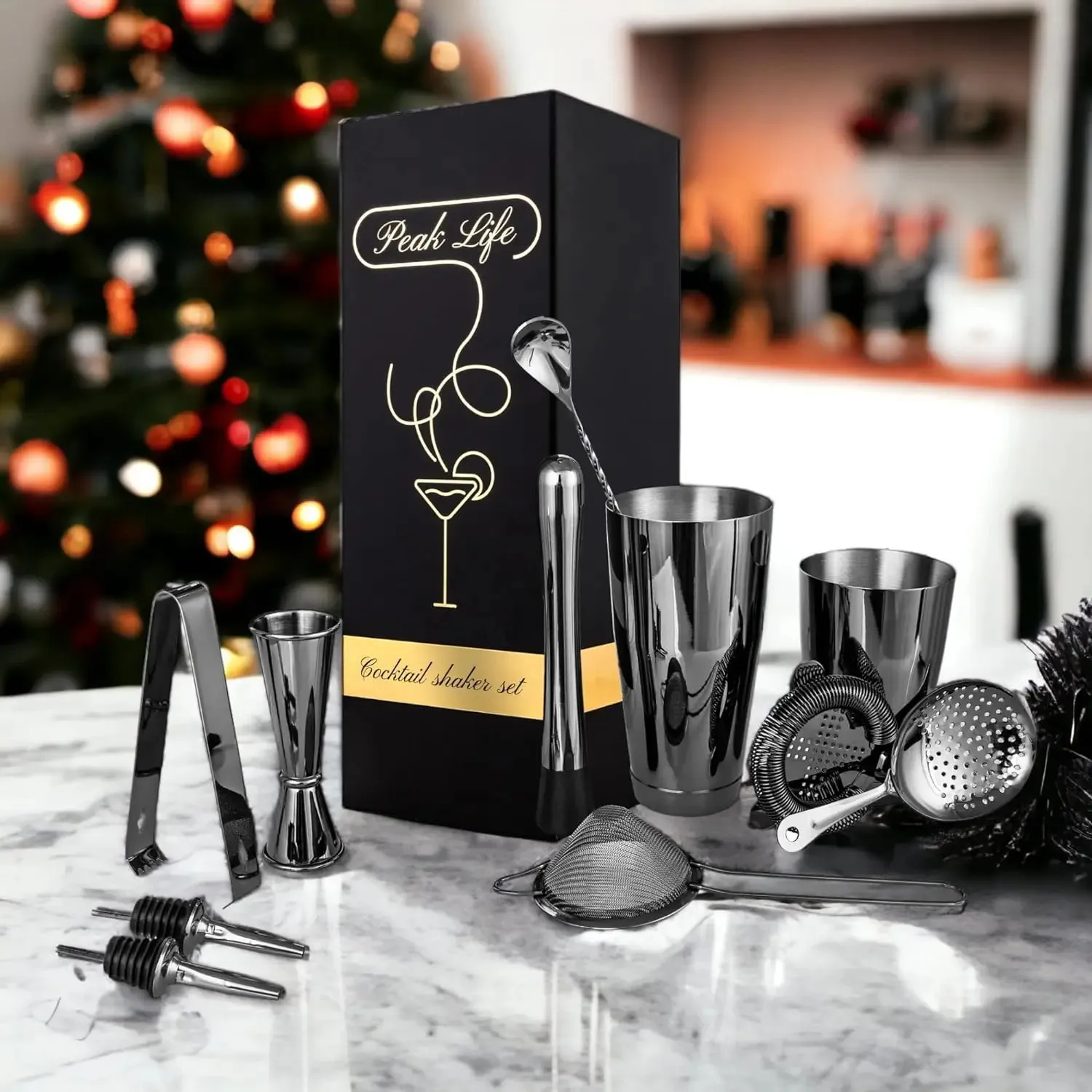 Barillio Set Shaker Boston 9 Pezzi Professionale, Acciaio Inox, Con Colino, Jigger, Pestello, Ricettario, Borsa Velluto