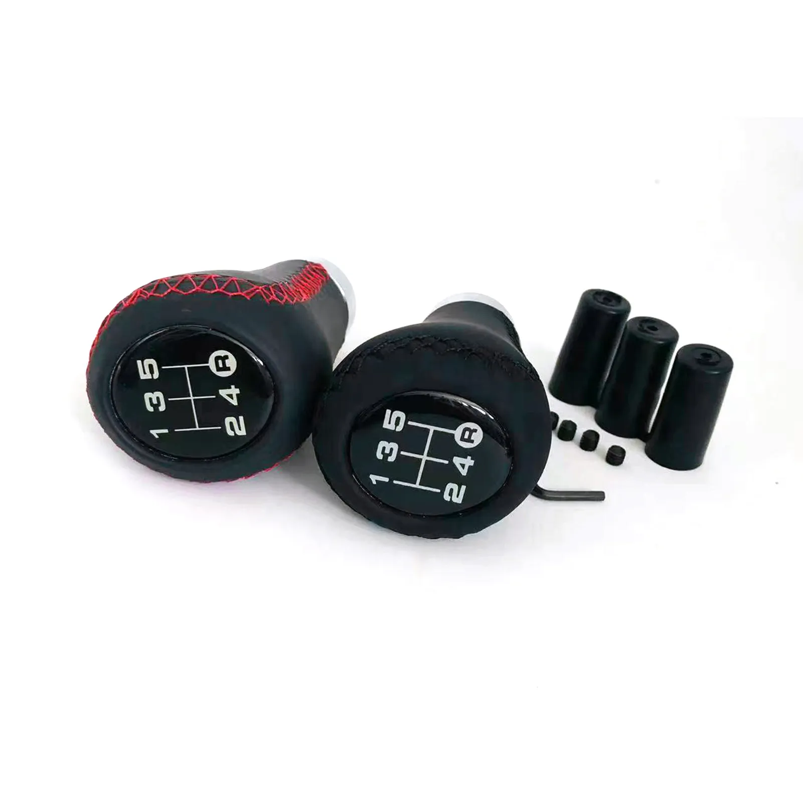 Car Manual Gear Shift Knob Black Leather Red Stitch 5 Speed Universal ...