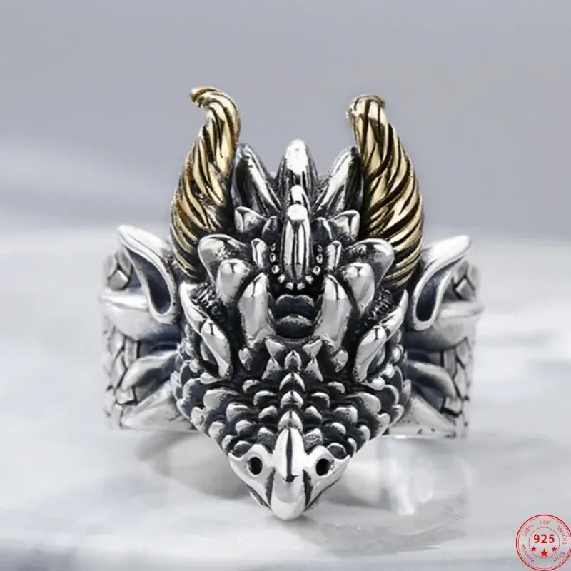 Äkta S925 Sterling Silver Rings for Women Men Fashion Vintage Golden Relief Dragon Head Punk Jewelry 240412