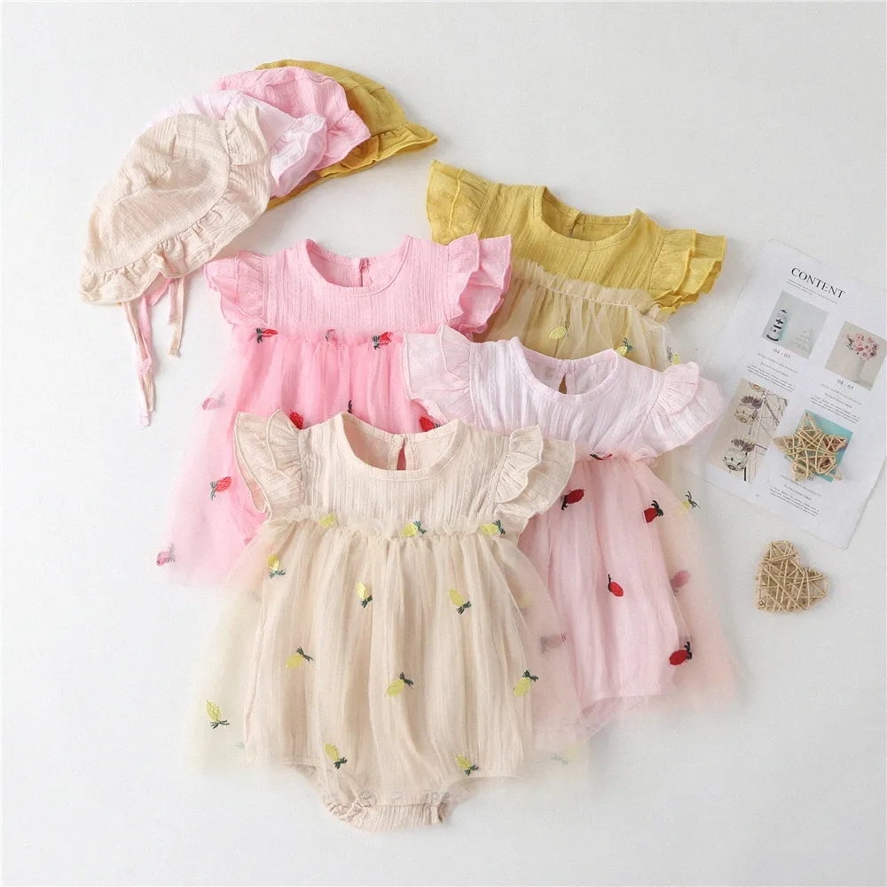 Baby rompers barn kläder spädbarn jumpsuit sommar tunna nyfödda barnkläder med hatt rosa gult mesh rutig triangel klättring kostym g7sk#