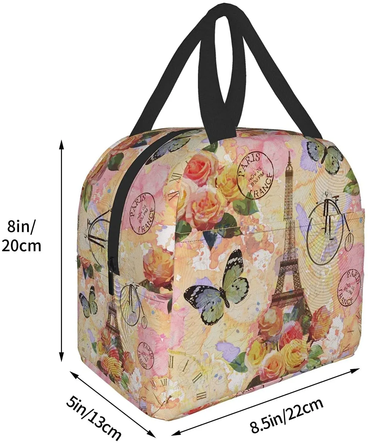 Paris Eiffel Tower Butterfly and Flowers lanch saco compacta bolsa de lancheira reutilizável contêiner para mulheres trabalhos de escritório escolar