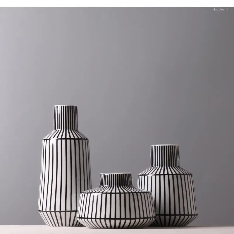 Vases Black White Striped Ceramic Vase Modern Dried Flower Accessories Living Room Home Decor Art Geometric Line