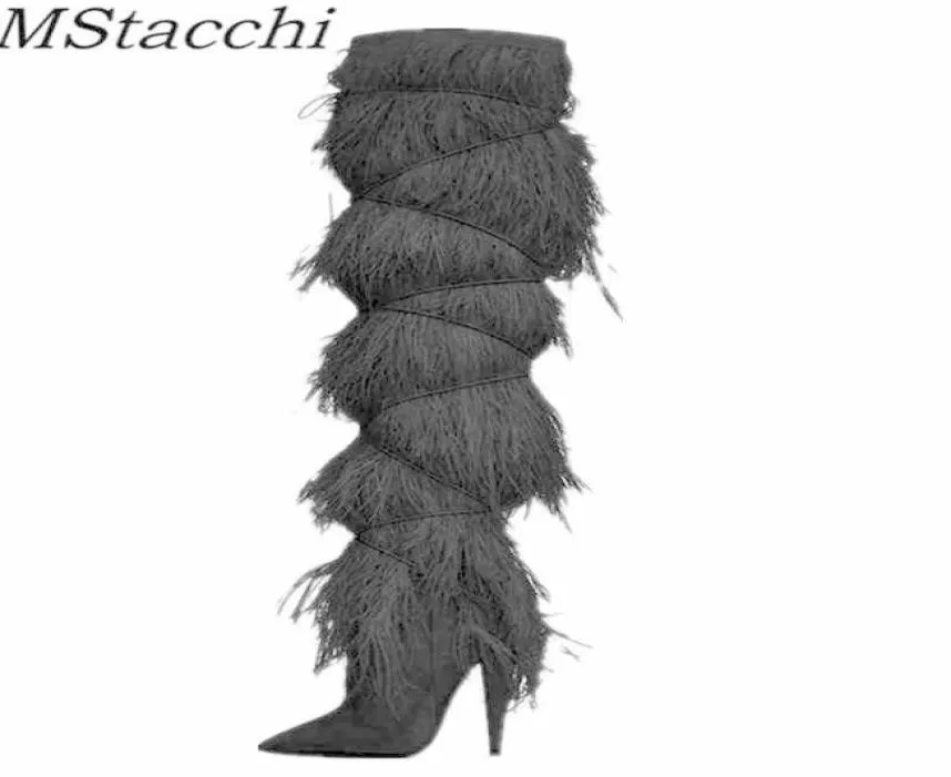 Mstacchi Winter Neuheit Frauen Boots Wildleder geschnitzt posped Toe Party High Heel Schuhe sexy Strauß Feder über den Kniestiefeln 2215394980