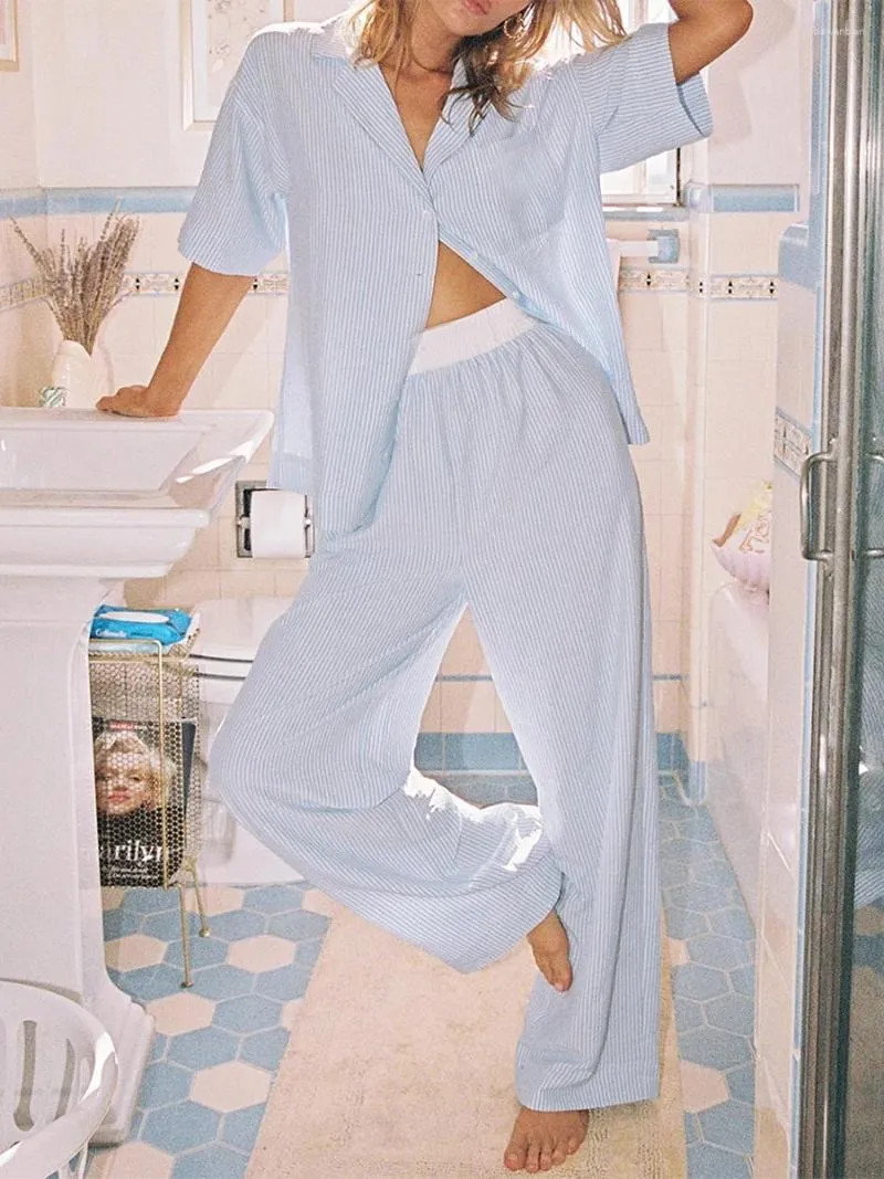 Hemkläder kvinnor s 2 bit pyjama set kort ärm lapel -knapp upp randiga skjorta toppar byxor sömnkläder uppsättningar