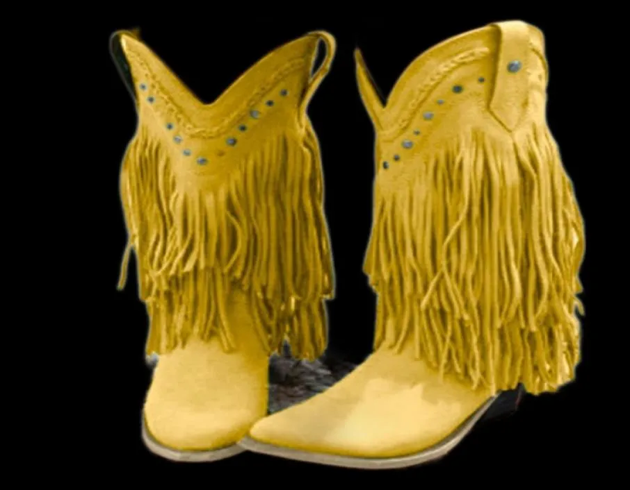 Kvinnor Mid-Calf Low Heel Böhmen Style Motorcykelstövlar Fransade Cowboy Boots skor Spring Autumn Women Tassel4871271