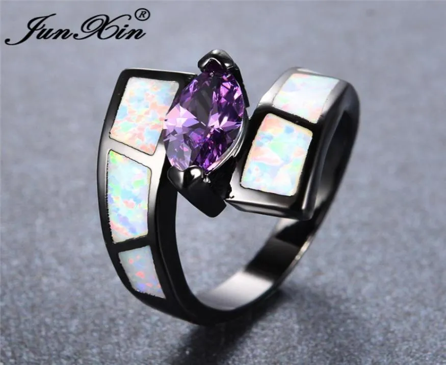 Junxin Boho Kvinnlig manlig whiteblue Fire Opal Rings for Women Black Gold Filled Pink Purple Zircon Marquise Ring Wedding Jewelry2315336