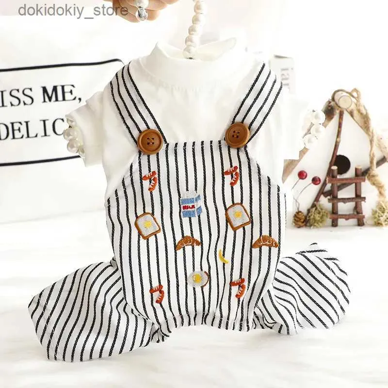 Abbigliamento per cani Do vestiti estate a strisce sottili ricamato complessivi finti due pezzi set di tute bianche in cotone per animali domestici L4422 L49