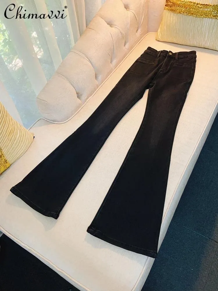 Women's Jeans 2024 Spring Retro Slight Elastic Soft Comfortable Black High Waist Flared Denim Pants Trousers Casual Wide Leg
