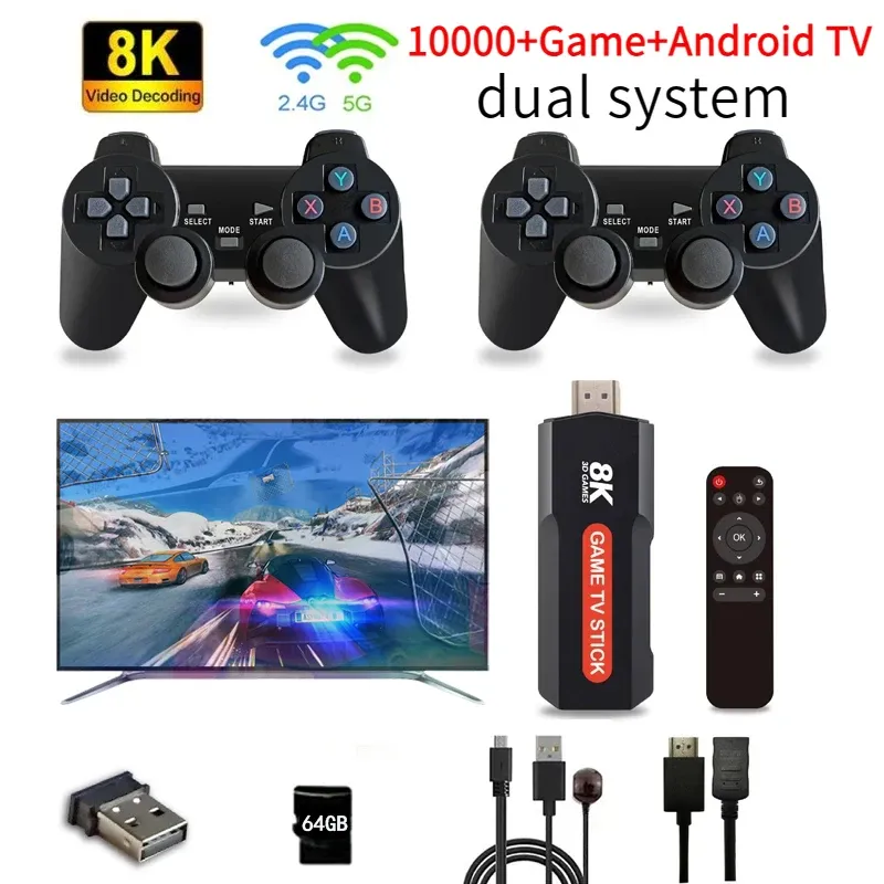 Konsole x2 gier stick amlogic s905 podwójny system retro konsola gier wideo Android 12 HD 8K GBA N64 Dual WiFi 4G 5G 64GB 10000 Smart Game