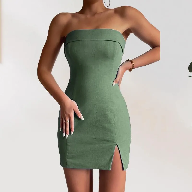 Robes décontractées Femmes sans bretelles mince robe skinny off épaule partage divisée sexy bodycon coloride solide soirée