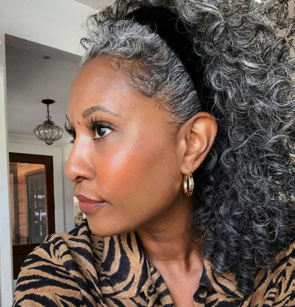 Moda güzelliği Afro -Amerikan insan saç ponytail gümüş gri gri midilli kuyruk uzantı saç parçası klip