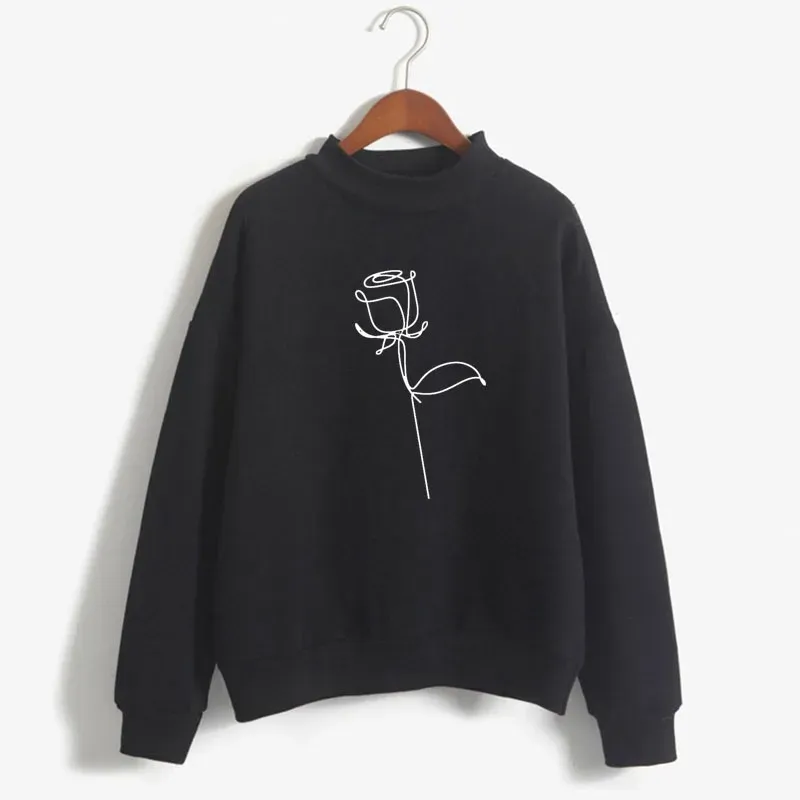 Sweatshirts Simple Rose Line Art Print Woman Sweatshirt Sweet Korean Oneck Knittade tröjor Tjock Autumn Winter Candy Color Women kläder