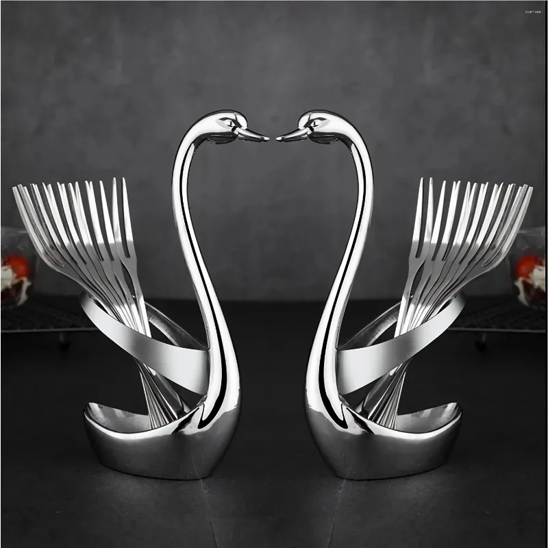 Forks da 6 pezzi Set da dessert con supporto per cigno Creative Silver Fruit Fork inossidabile per la festa di Natale del Ringraziamento