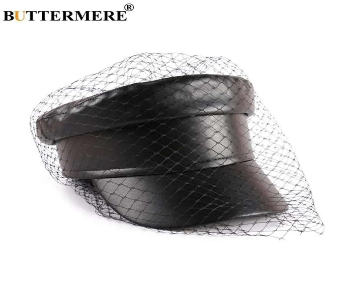 Buttermere Leather Cap Women Women Black Captain Hat с завесой элегантной твердых скрипач -кеп -кеп