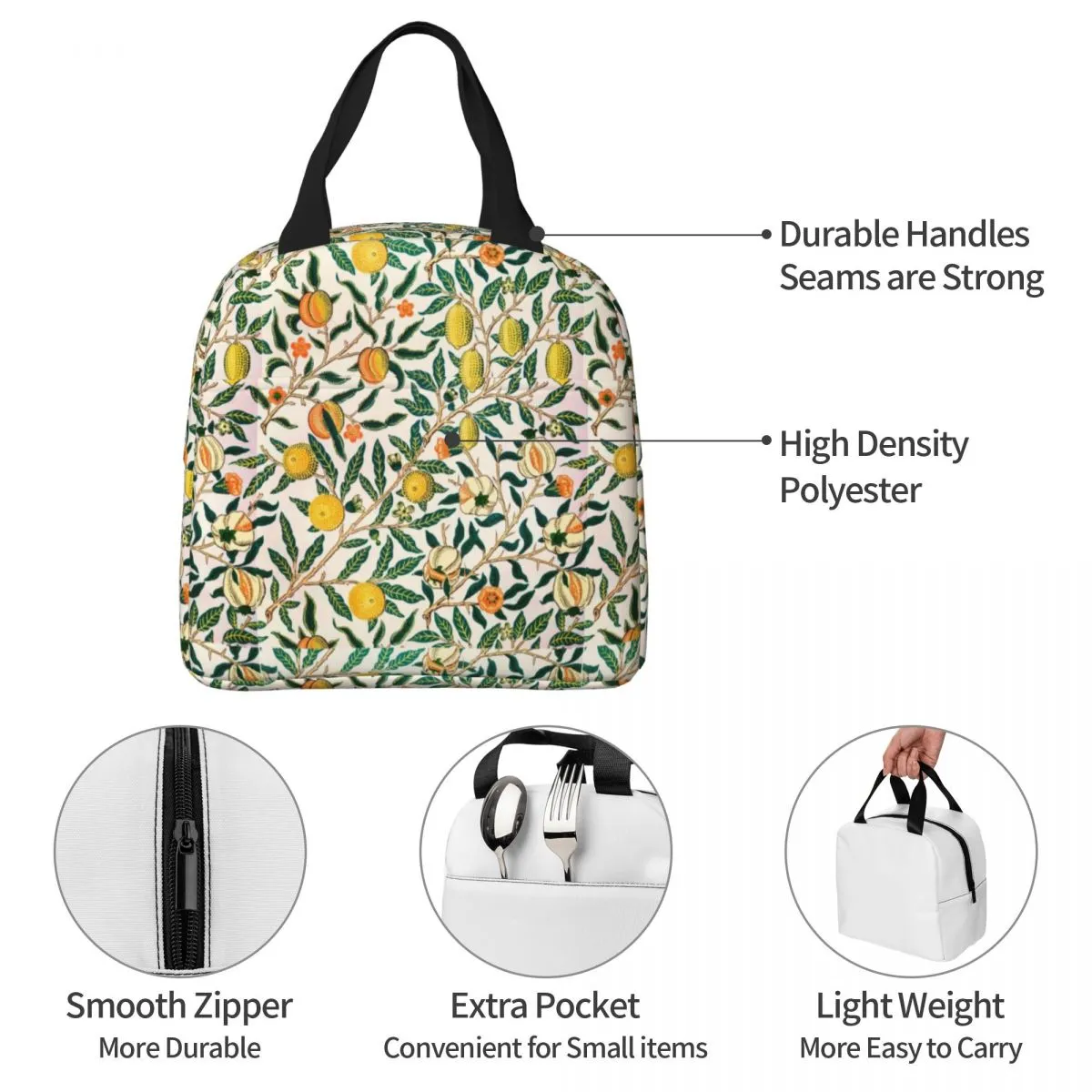 William Morris Fruits Insulated Lunch Bags Floral Green Plant Bohemian Flower Meal Container Cooler Bag Tote Lunch Box Food Bag