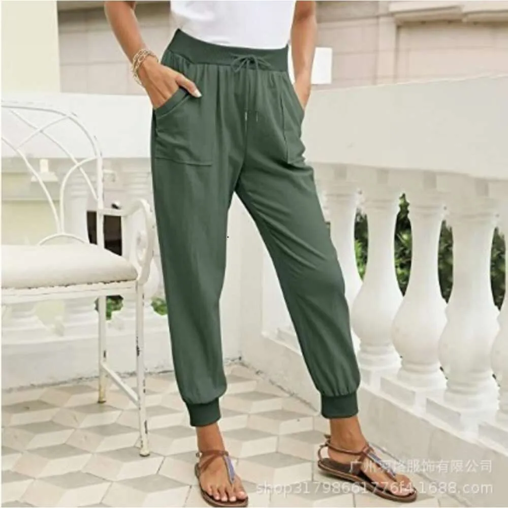 Designer Kvinnor Capris 2022 Hot Womens Conical Pants with Cotton and Hemp Drawstring Back Elastic Midje Pants Casual Belt Pockets For Comfort