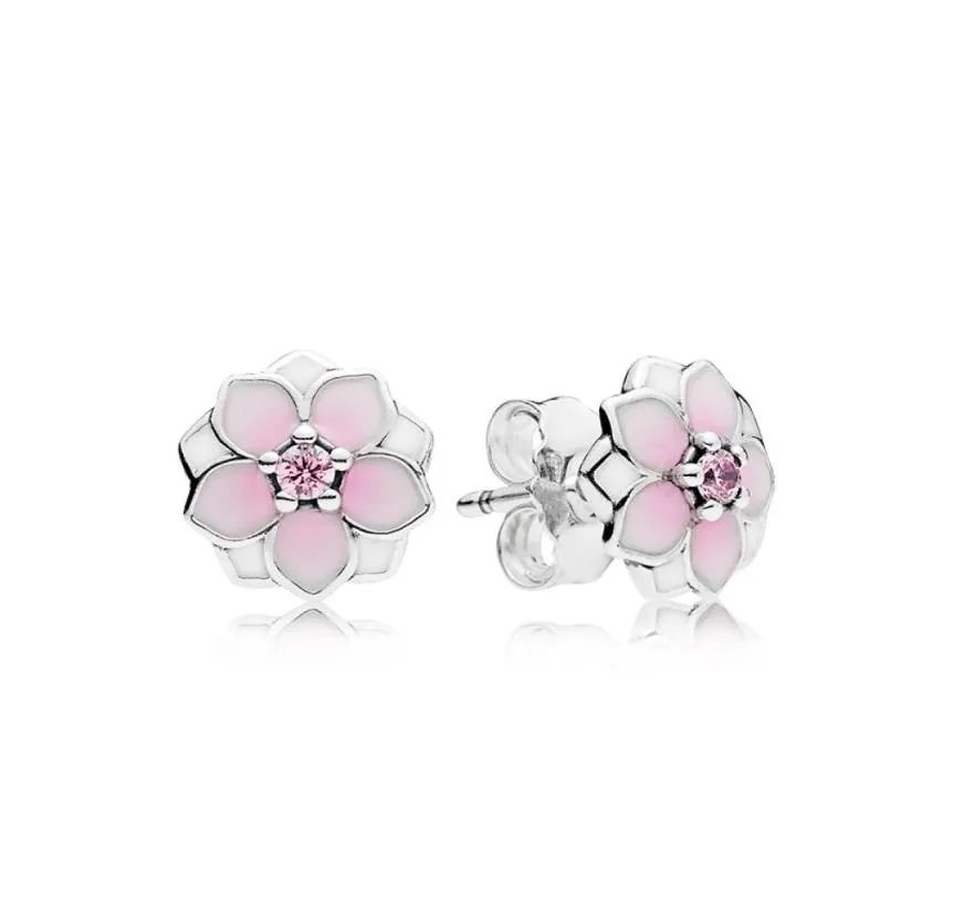 Pink Magnolia Stud örhängen Originallåda för 925 Sterling Silver Women Girls Flowers Earrings Retail Box Sets8880162