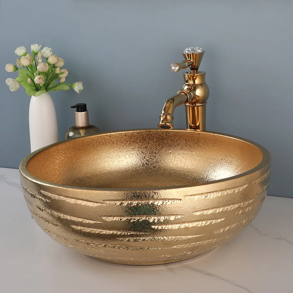 KECTIAKL Gold Ceramic Vessel Sink 23 Inch Bathroom Vessel Sink Bowl, Above Counter Art Sink Basin Sink Oval Bathroom Sink With Waterfall Faucet And Pop-up Drain Combo, Vessel Sinks - Canada