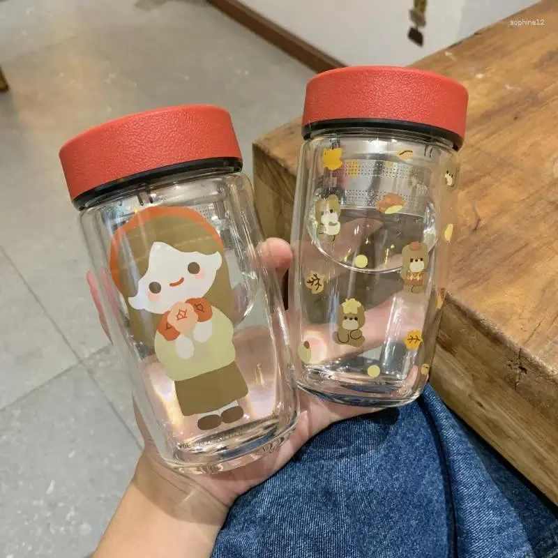 Wine Glasses 300ML Cartoon Transparent Double Wall Glass Water Bottle Tea Infuser Office Cup Stainless Steel Filters Travel Drinkware