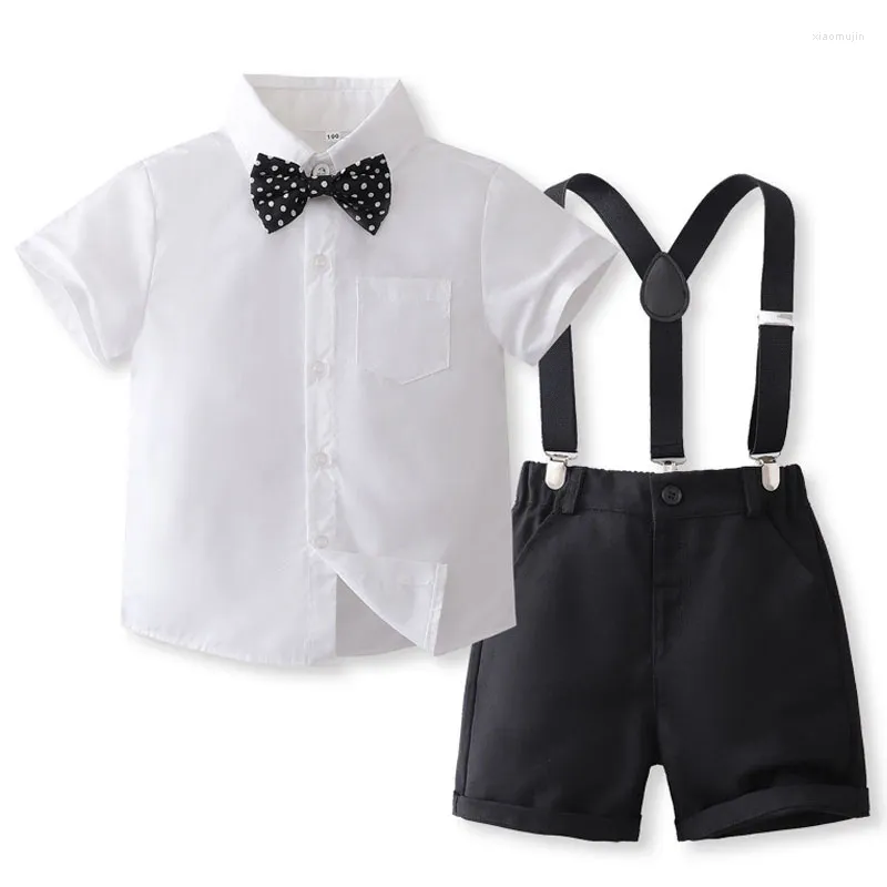 Clothing Sets Summer Baby Boys Formal Clothes Gentleman Suit Short Sleeve Bowtie Shirt Tops Suspenders Shorts 2Pcs Set Children