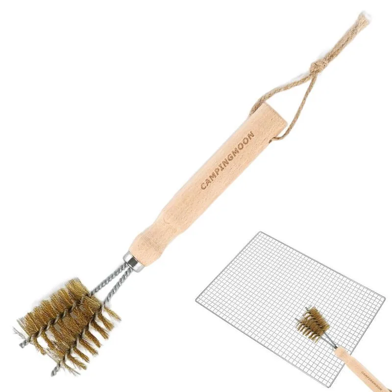 Labor-Saving Fits For Cleaning Grill Grates, Oven Racks, And Pans Brass Bristle BBQ Grill Cleaning Brush Tool With Wood Handle