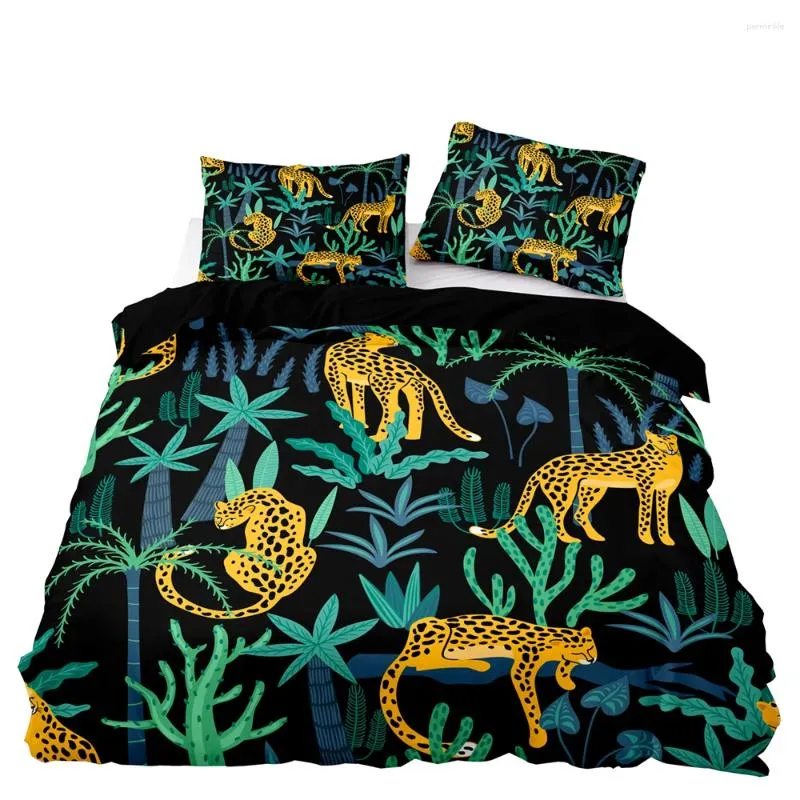 Sängkläder sätter tropisk stil täcke täcker mjuk set kudde för dubbel dubbelsäng med leopardmönster