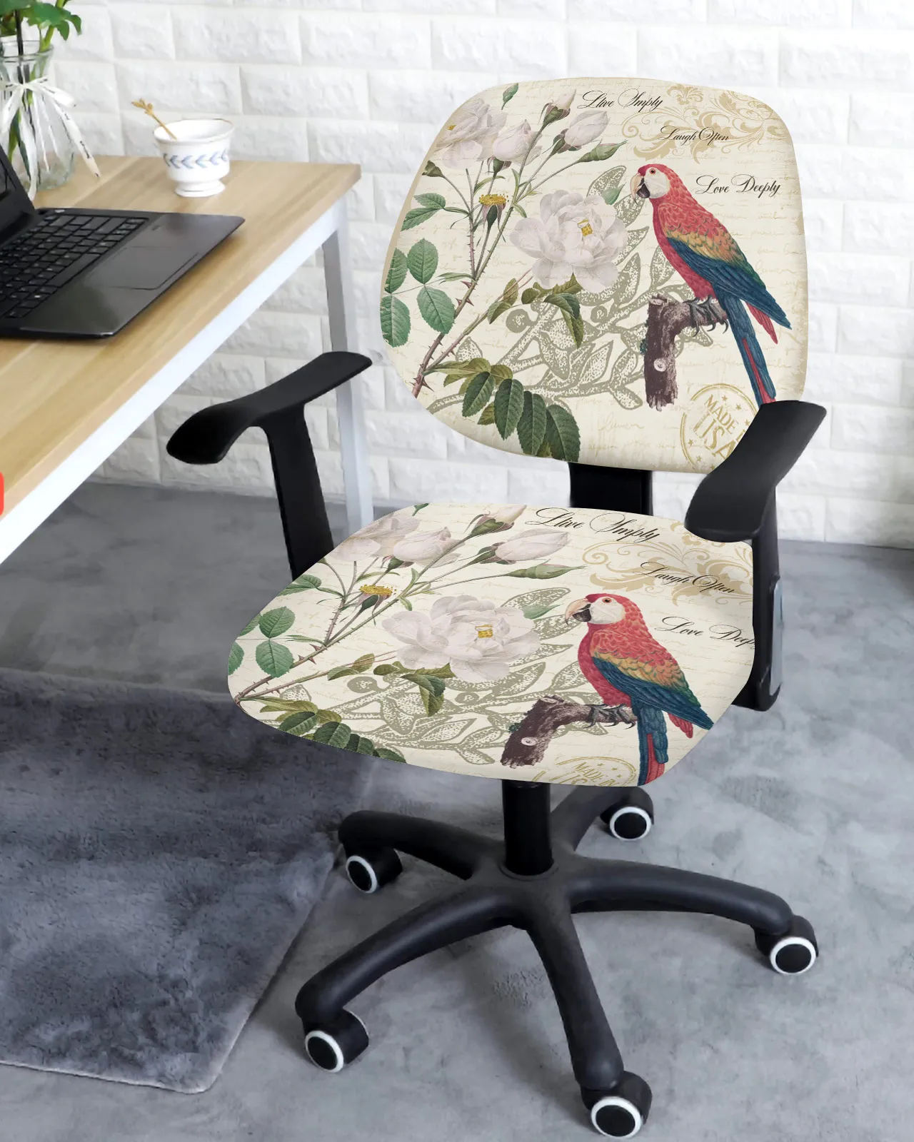 Parrot Bird Rose Flower Retro Elastic fåtölj Datorstol Täck Sträcka borttagbar kontorsstol Slipcover Split Seat Covers