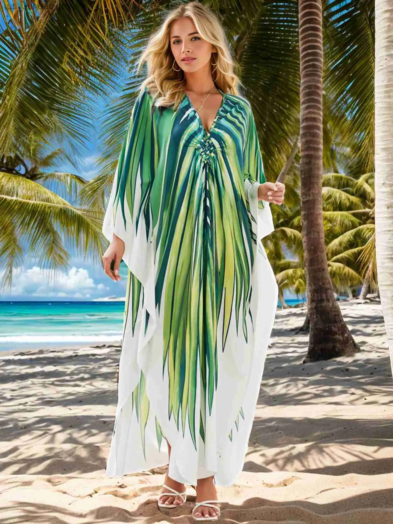 Basic Casual Dresses: Summer Boho Plant Leaf Printed Kaftans For Women,  Beach Wear Dress With Slit, Sarong Bathing Suit, Plus Size Maxi Dresses  Q1588