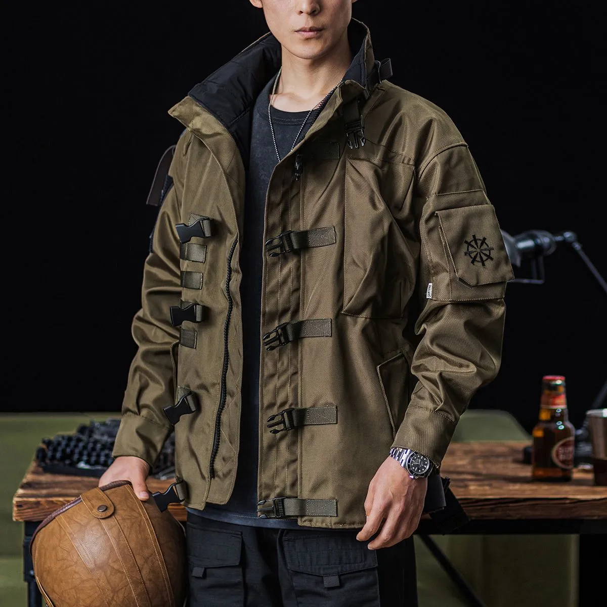 Retro Tactical Leather Motorcycle Jacket Multi Pocket Military Style Men s Coat for Outdoor Adventures in 2024
