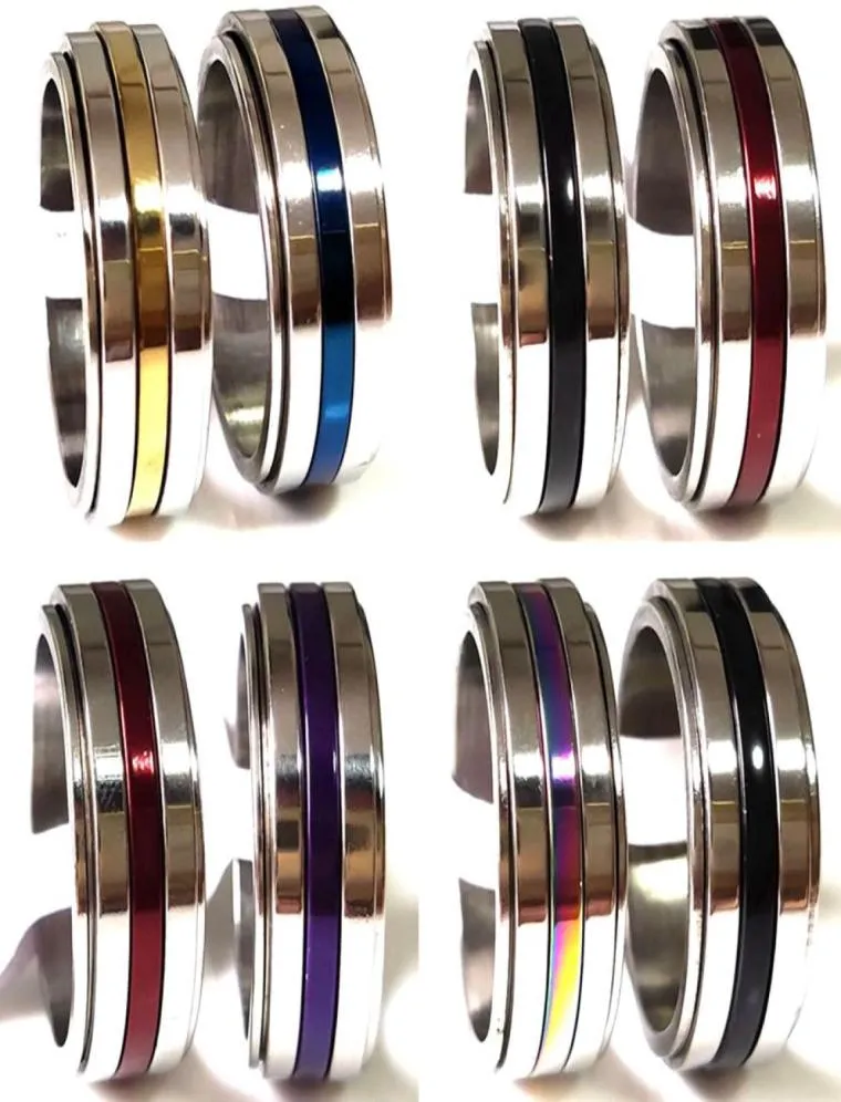 Hele 36pcslot roestvrijstalen spinner ring 8 mm bovenste kleur mix mannen vrouwen roterende spin ringen heren mode sieraden7292524