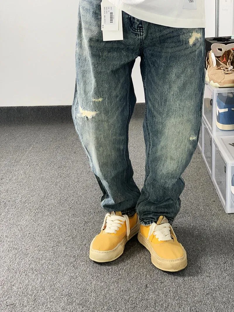 Pantaloni da uomo indossato patch lavati in difficoltà dritte dritti jeans hip hop skateboarding in stile
