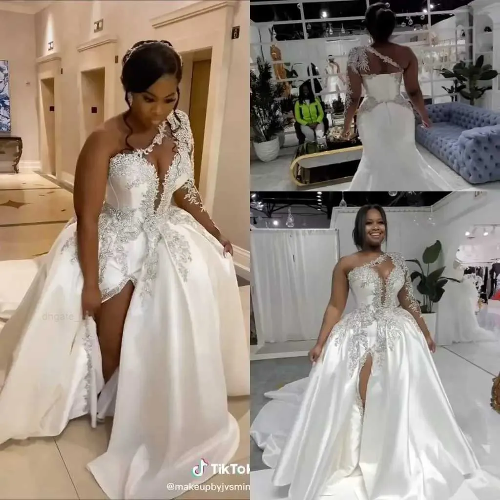 Een schouder met lange mouw trouwjurken met een afneembare trein Sparkly Lace kralen Arabisch Arabisch Aso Ebi High Slit Garden Beach Civil Wedding Bridal Jurk