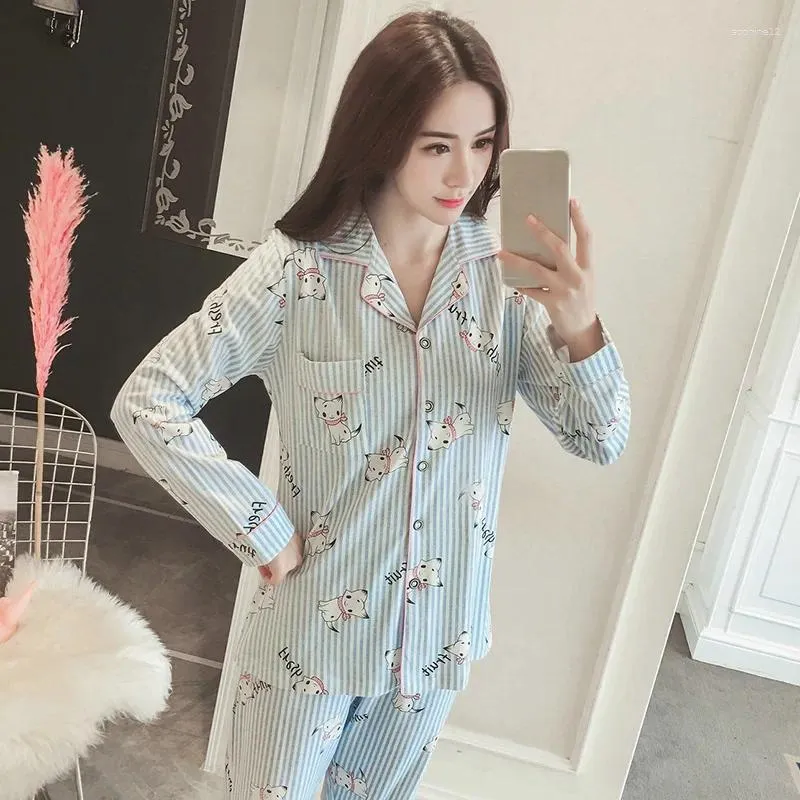 Home Clothing 2024 Herbst Winter Baumwoll -Pyjama -Sets für Frauen lässig gestreifter Langarm Cartoon Pajama Loungewear Homewearwear