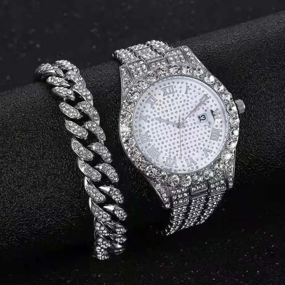 Iced Out Watch and Bracelet Set for Men: Full Quartz Wristwatch