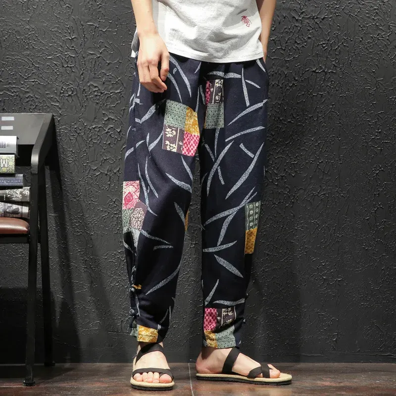 Pants Nice Vintage Print Hiphop Men Harem Pants Cotton Loose Retro Wide Leg Pants Trousers Men Streetwear