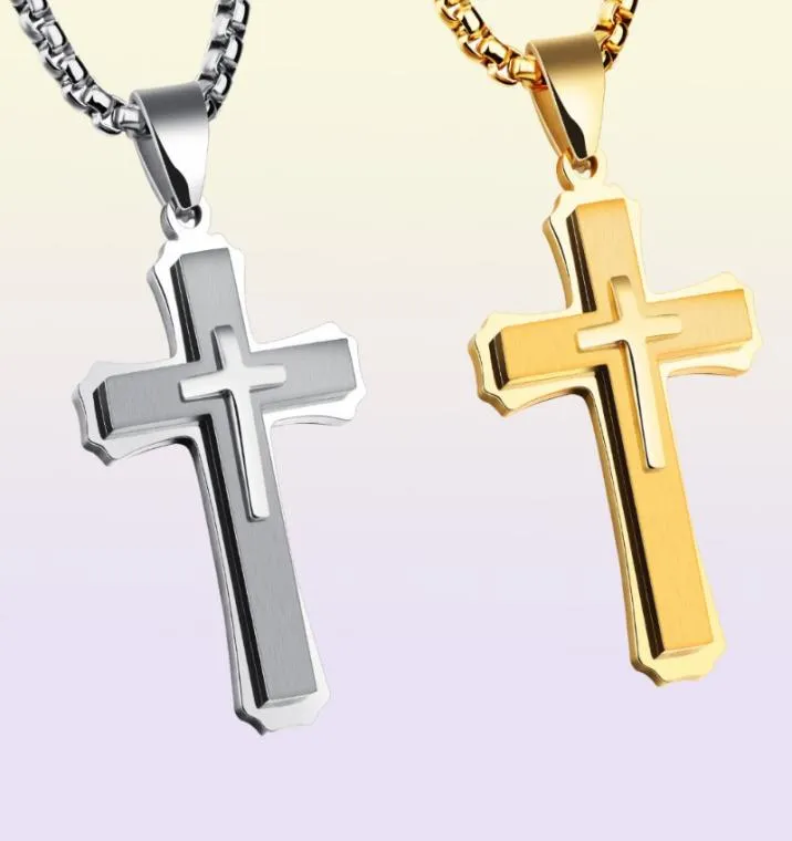 Hip Hop Cross Pendant Necklace For Men New WhiteBlack Gold Color Stainless Steel 55CM Box Link Chain Male Gift4336768