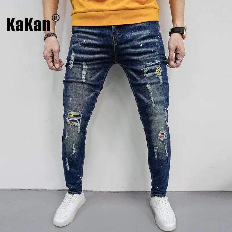 Jeans masculinos Kakan Europa e America's Patch Denim Round Hole Meggar Slim Fit Pé pequeno K7-686