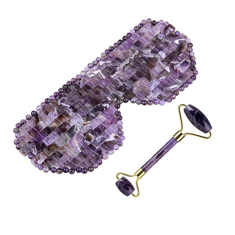 Amethyst Jade Roller Sleep Eye Mask Gua Sha Set Natural Purple Crystals Stone Cold Therapy Eyes Curtain Beauty Massage Tools