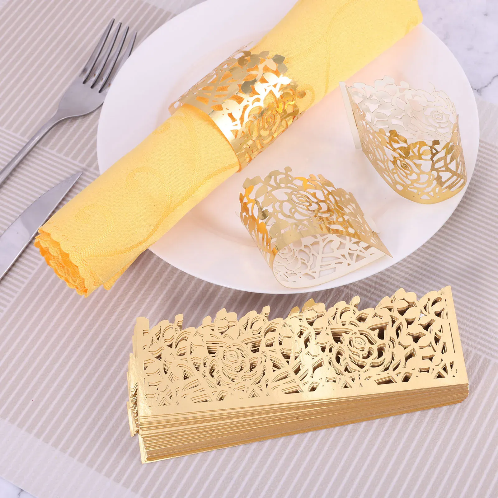 50 Disposable Rose Flower Gold Paper Napkin Bands With Buckle Holder For Weddings Birthdays Christmas And Dinner Table Decorations From Homepro7 13.72 DHgate.Com