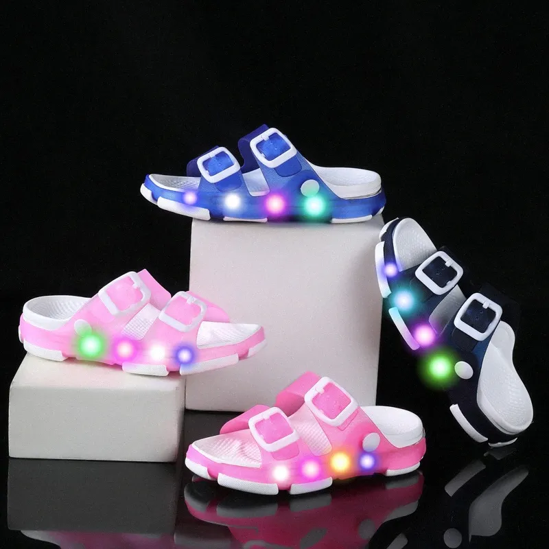어린이 슬라이드 슬리퍼 비치 LED 조명 샌들 샌들 신발 버클 야외 운동화 크기 20-35 B1SU#
