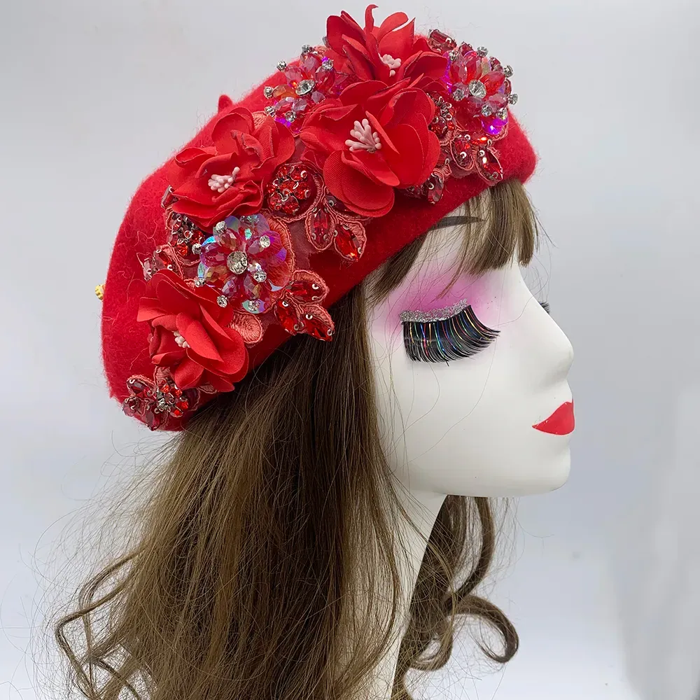 Luxury Womens Winter Beret Hat Rhinestone Floral... From  display picture 2