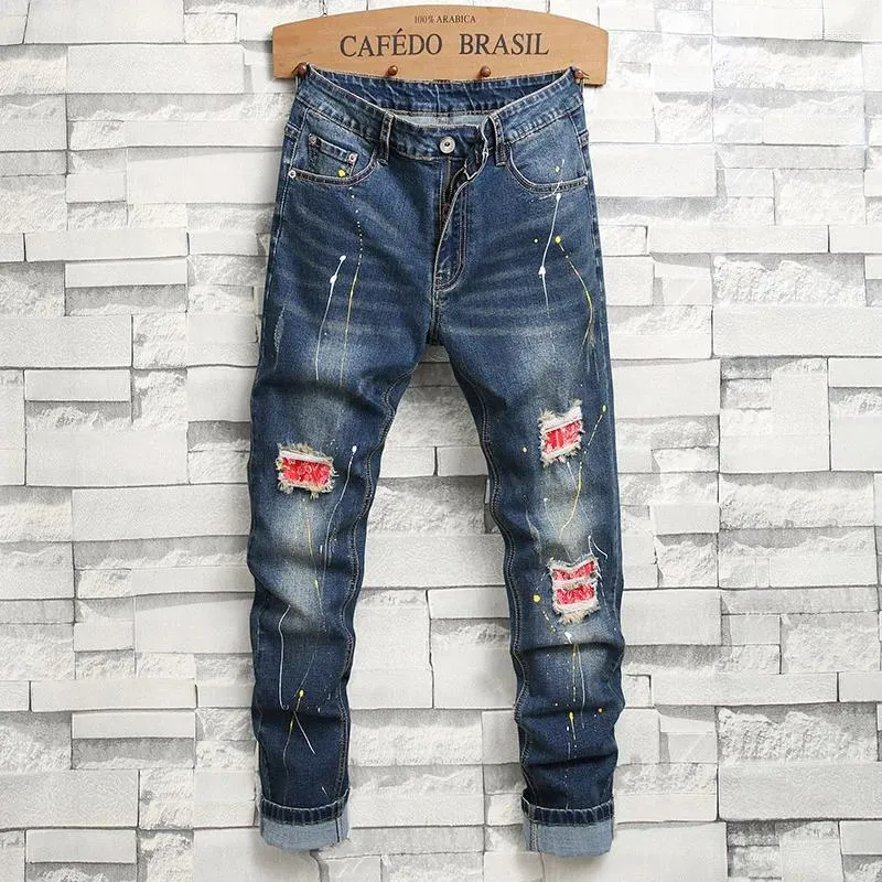 Jeans masculinos magros rasgados azuis lava -trechos de jeans slim de jeans de manchas de tinta de tinta de moda de hip hop calças masculinas