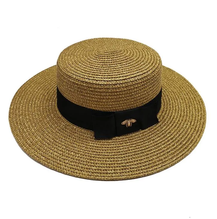 Women Wide Brim Hat Gold Bee Straw Cap Womens Fashion Flat Top Woven Caps Girl Bucket Hat Summer Sun Hats Vintage Visor3327163