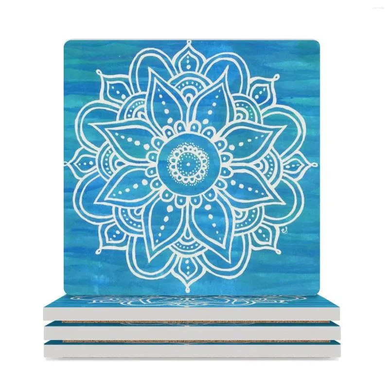 Tischmatten blaues türkisweiß weiße florale Mandala Keramik Untersetzer (quadratisch) Cup Set süß schwarz