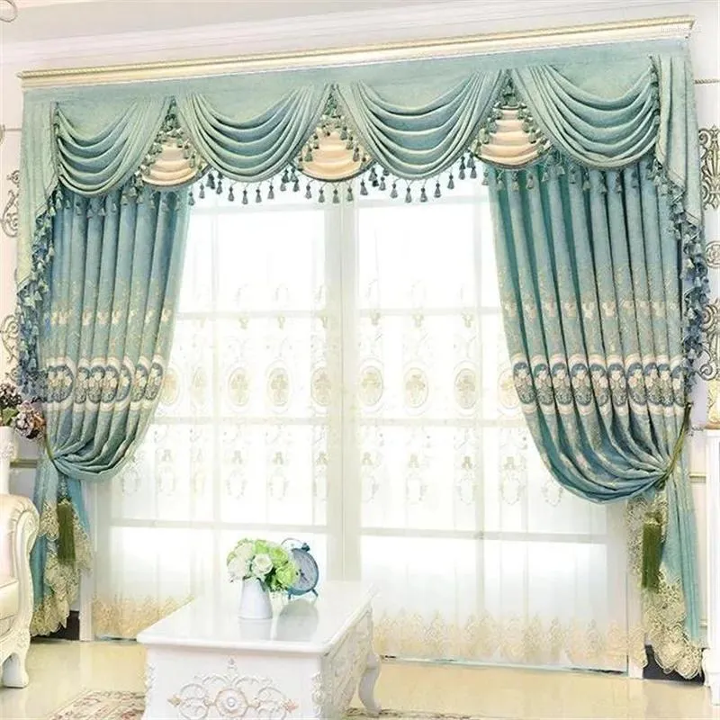 カーテンヨーロッパの豪華なシェニールブラックアウトリビングルームの寝室の寝室ブルーピンクローズ刺繍装飾カスタムエレガントなレースチュール