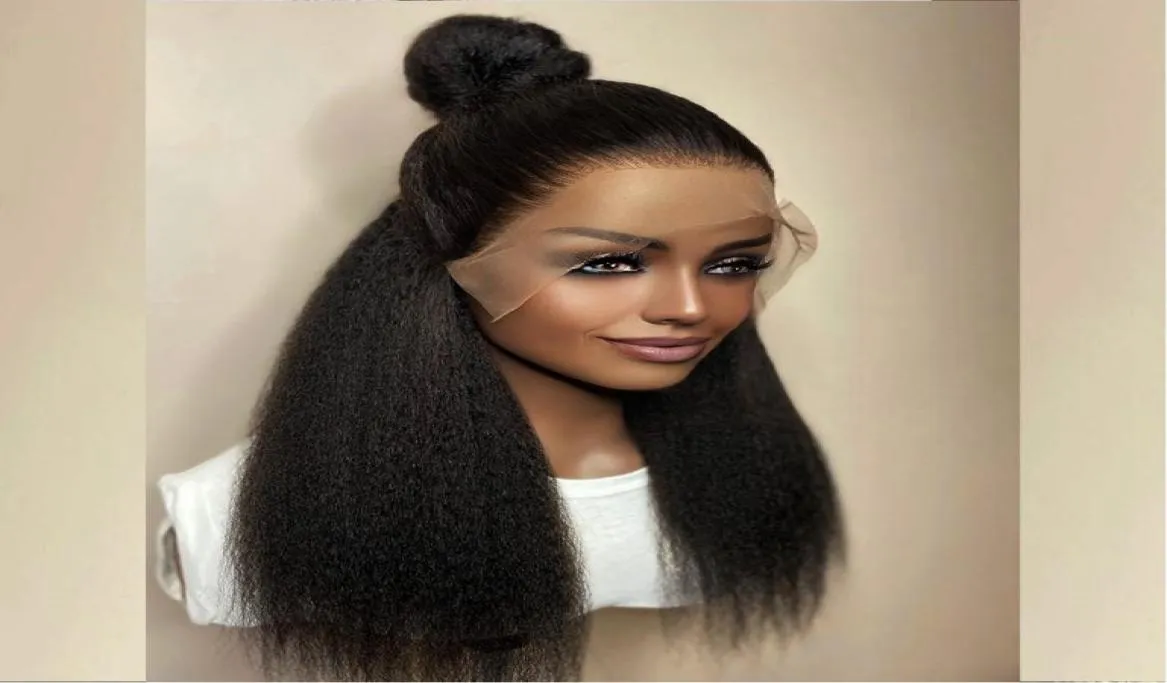 26 tum 180densitet Glueless Jet Black Colored Yaki Kinky Straight Lace Front Wig For Women Bunds med stängningsvärmebeständig FIBE8038857