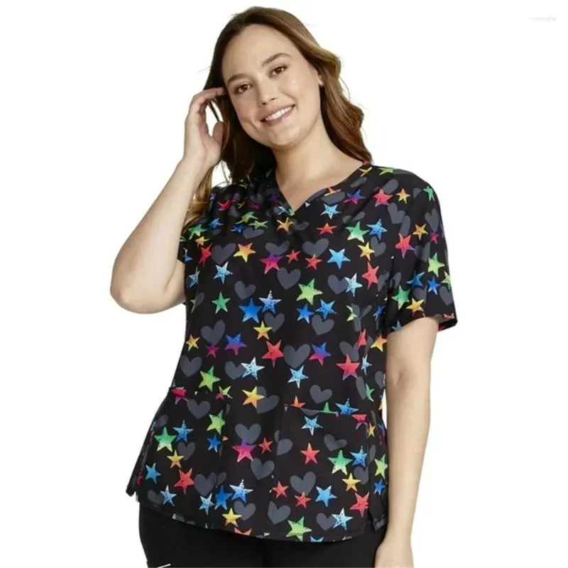 Women's T Shirts Slim Floral Print Top V-Neck Female Veterinary Uniform Short-Sleeved Double Pocket Stretch V Neck Scrub